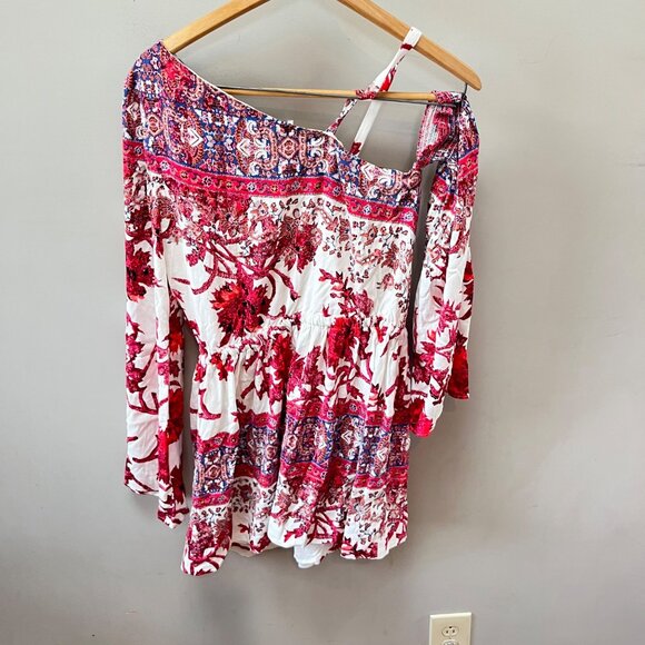 Free People NoMad Boho Off-Shoulder Mini Dress Red & White Floral Print Size S - Picture 7 of 7